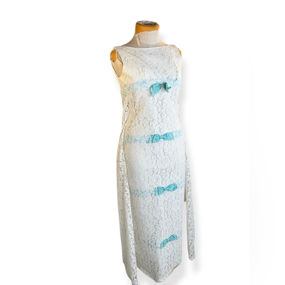 1960s Vintage Lace Maxi Dress with Blue Bows XS